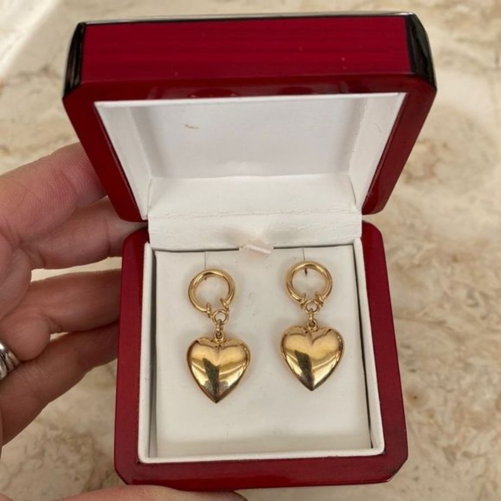 14K Yellow?Gold Puffy Heart Dangle Earrings